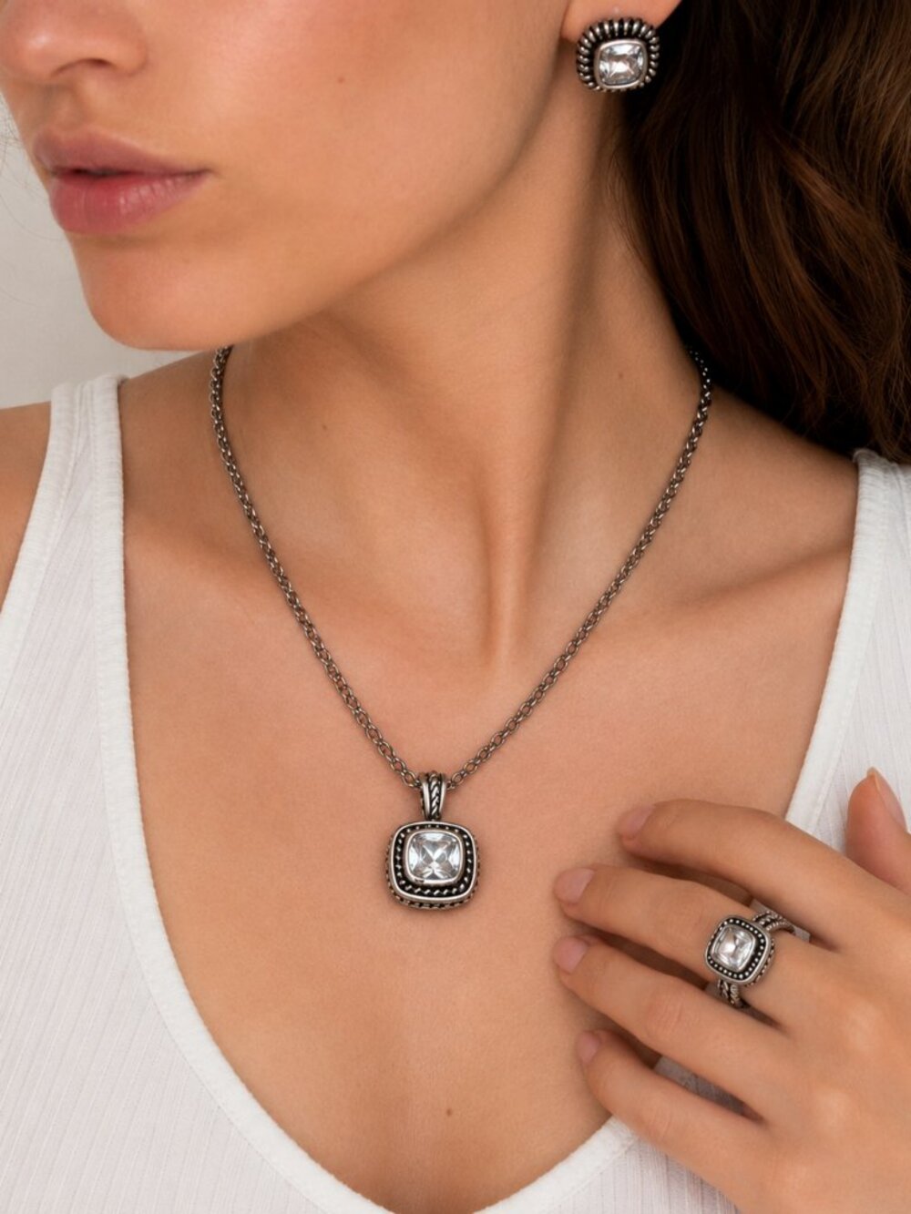 VINTAGE Silver Tone Rope Cable CZ 3-Piece Jewelry Set